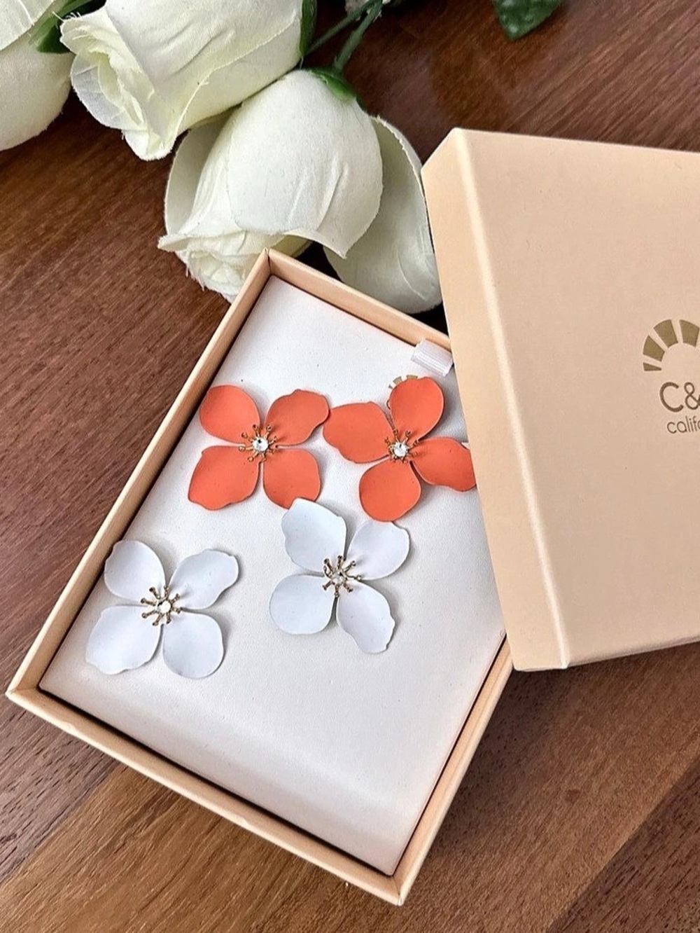 C&C California Floral Statement Earrings in Orange & White